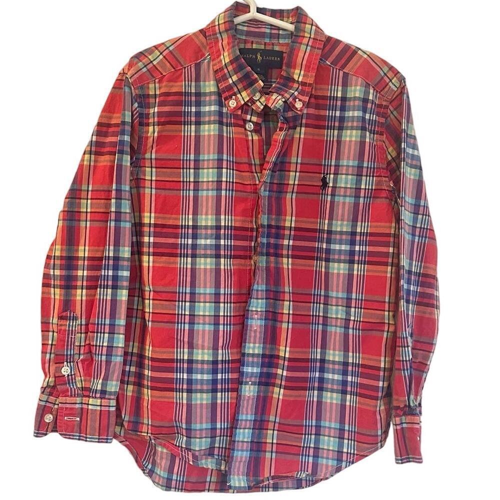 Ralph Lauren Red Plaid button down shirt sz 6 Polo Pony Logo Madras Plaid Oxford